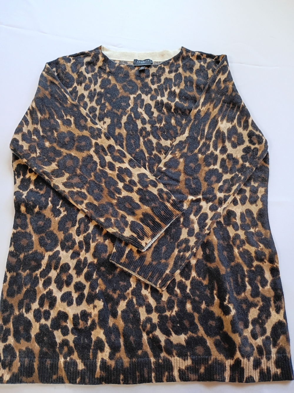 Talbots Cream and Brown Leopard Cashmere Crewneck